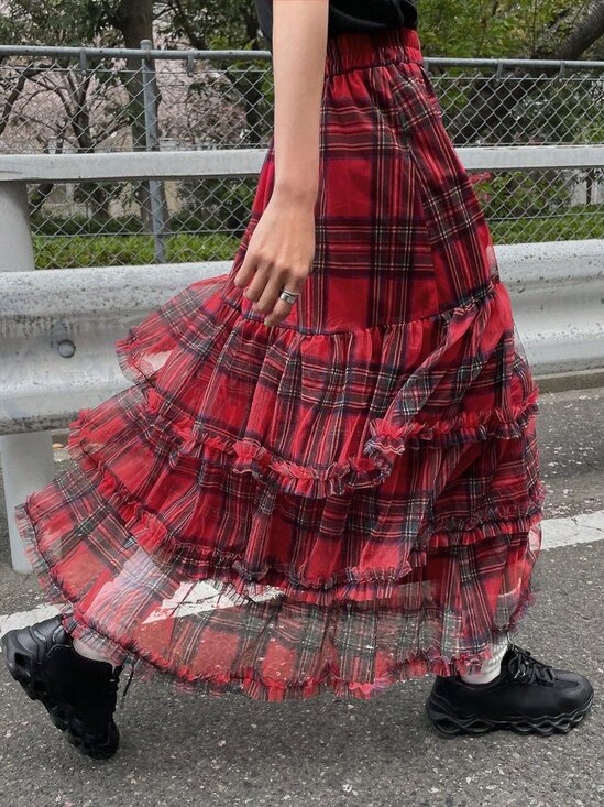 Red Casual Women's Christmas Plaid Ruffle Mesh High Waist Skirt - Picture 4 of 6